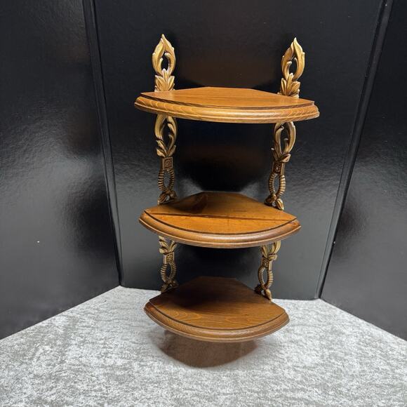Vintage Sexton Gold Metal and Wood 3 Tier Corner Wall Shelf Trinket Display - Picture 5 of 11